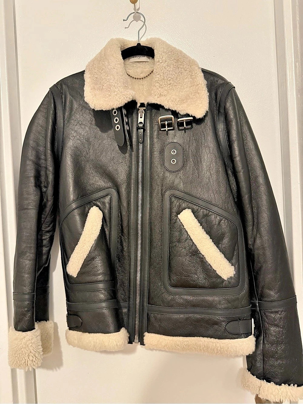 COACH Restored Shearling Aviator Jacket Black & Cream